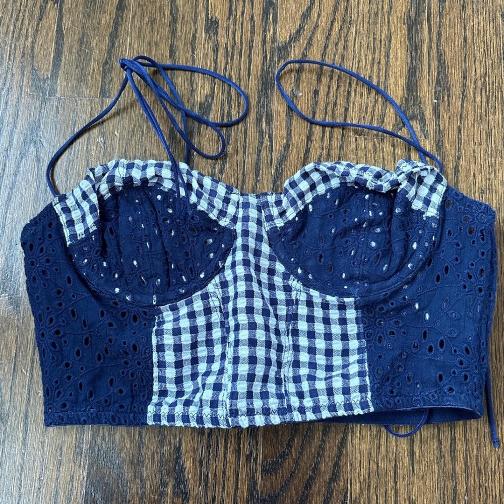 Urban Outfitters Navy and White Eyelet Crop Top